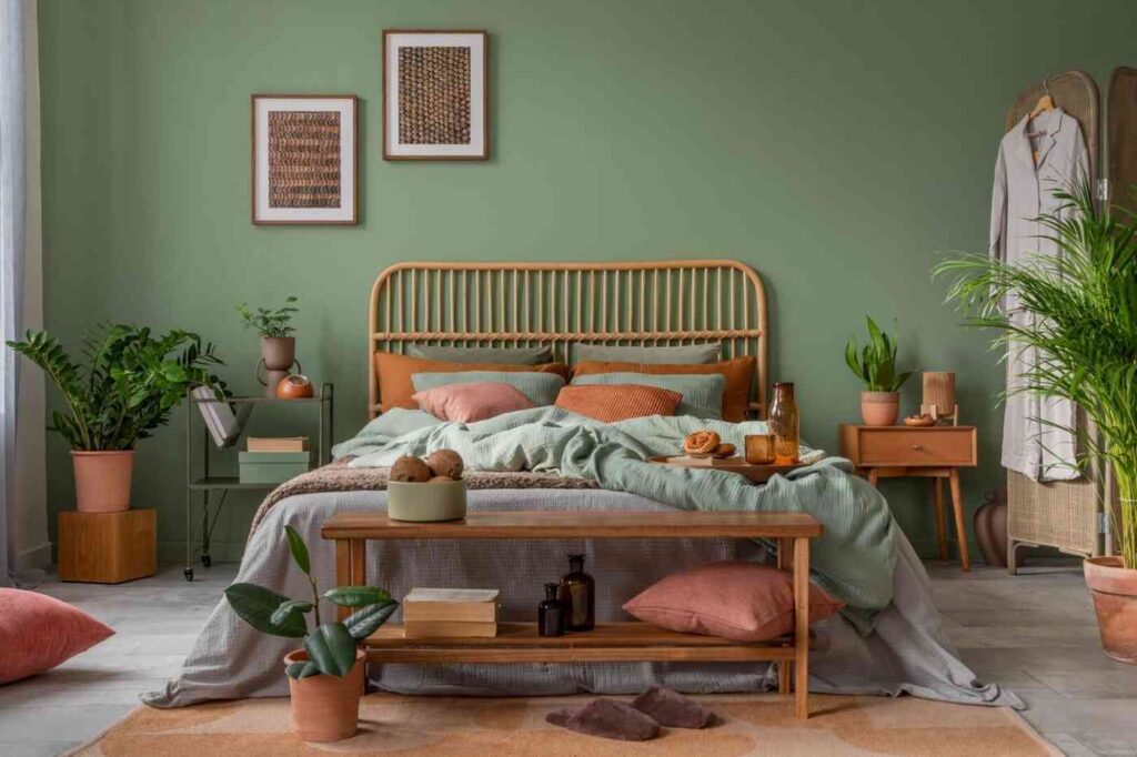 A sage green bedroom with terracotta and wooden floor