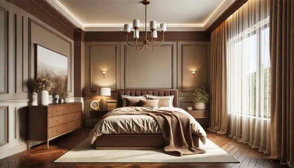 A bedroom with two shades with sheer curtains and windows and wooden floor 