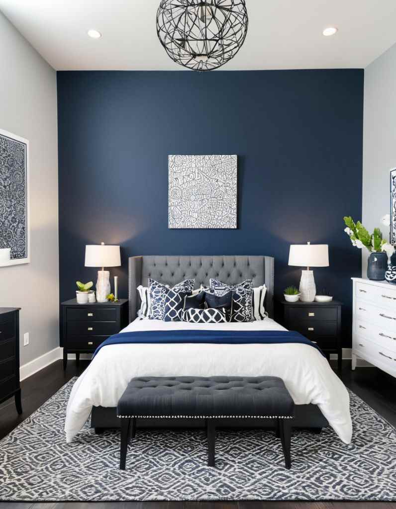 A blue and grey bedroom with grey bed and white blankets and pillows