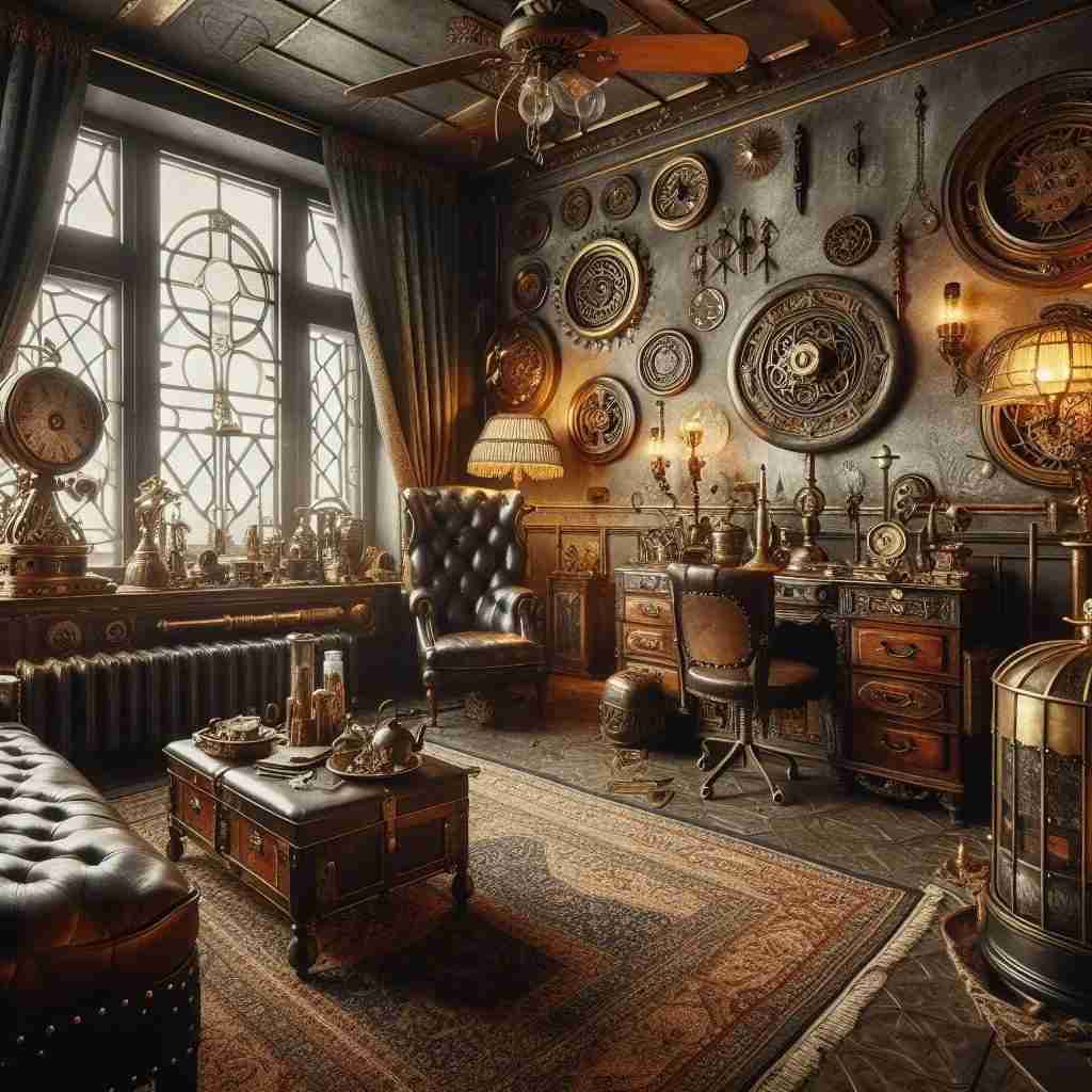 A steam punk house with artwork on the wall and a chair and wooden floor