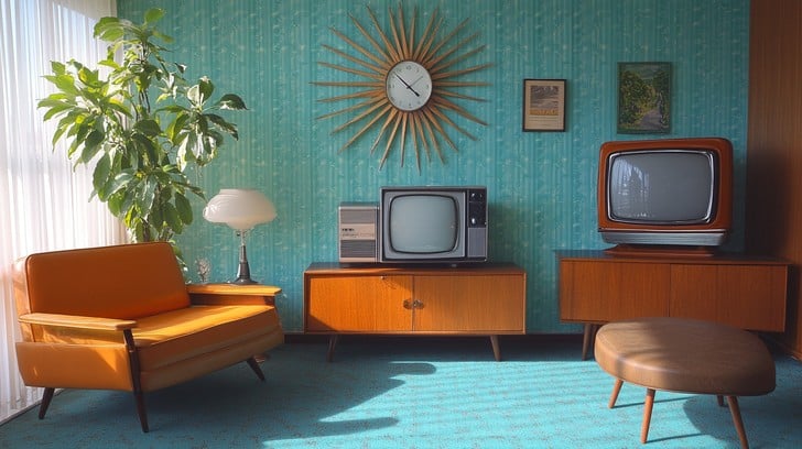 A living room with clock on the wall