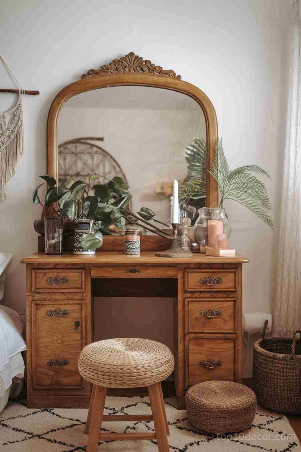A vintage mirror on the wall and a