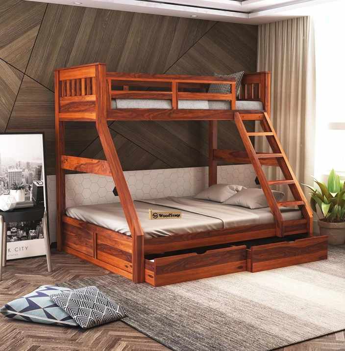 A wooden bed with drawer and wooden foor and rug
