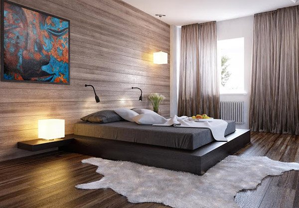 A bedroom with wood and metal and lights fixtures