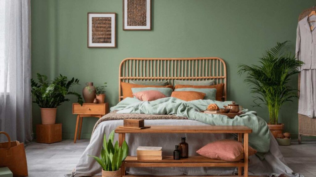 Olive green wall and wooden bed frame with side table