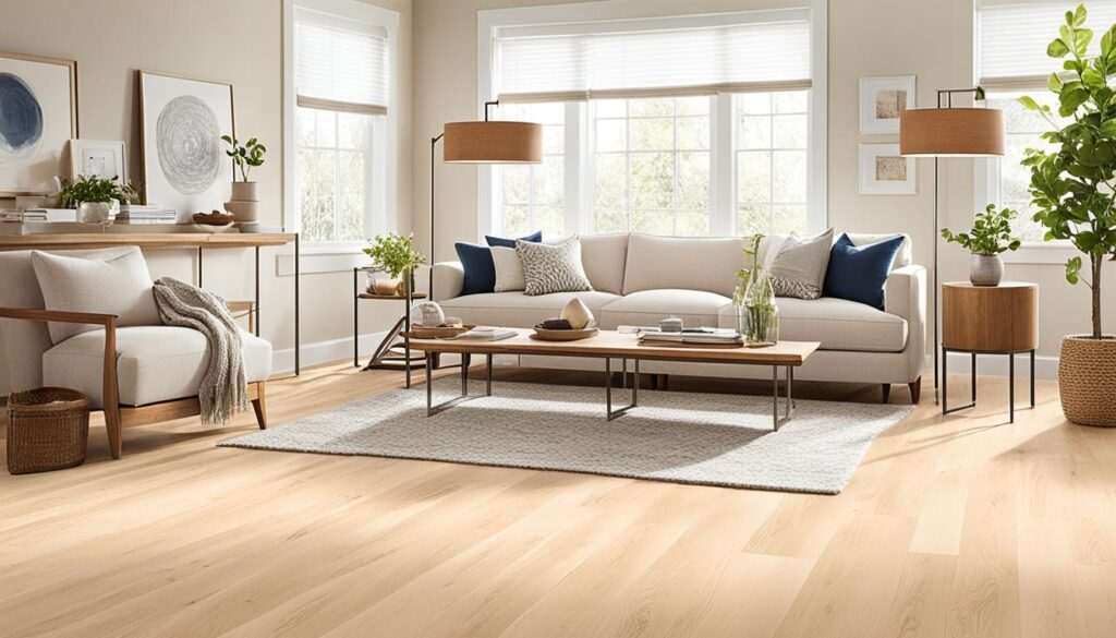 A beige room with wooden floor and sofa and lamp on the side 
