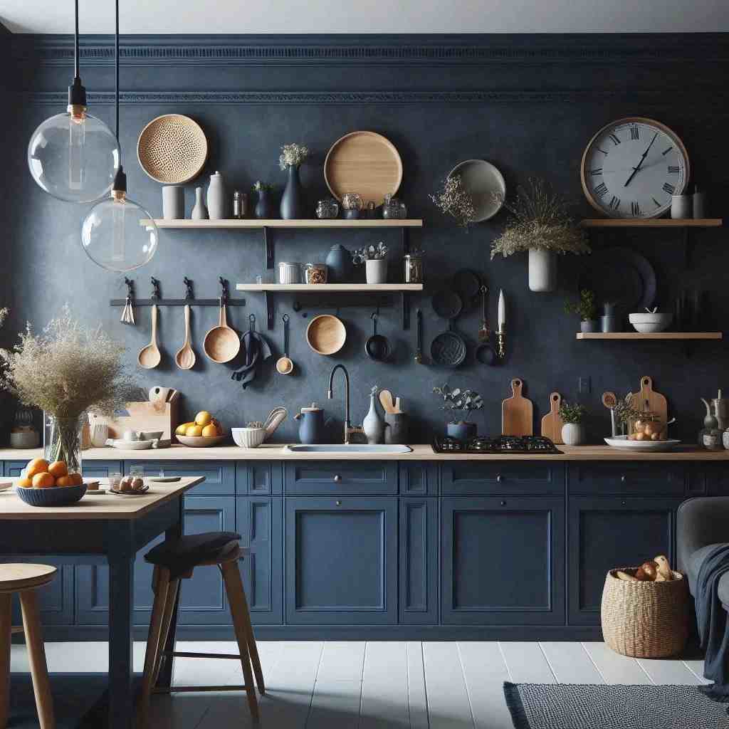 A blue kitchen with wooden open shelves and white floor