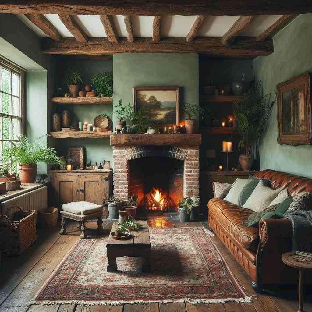 A sage green living eoom with wooden shelves and rug on the floor