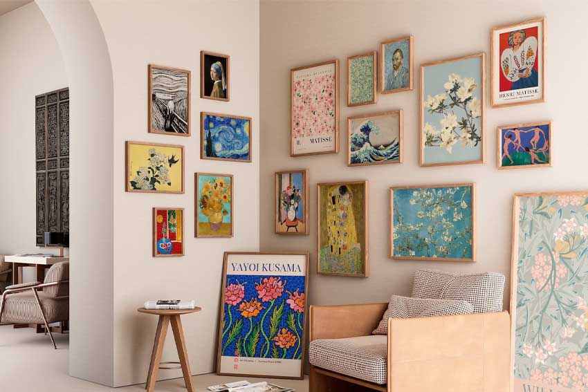 A small living room with artwork on the wall