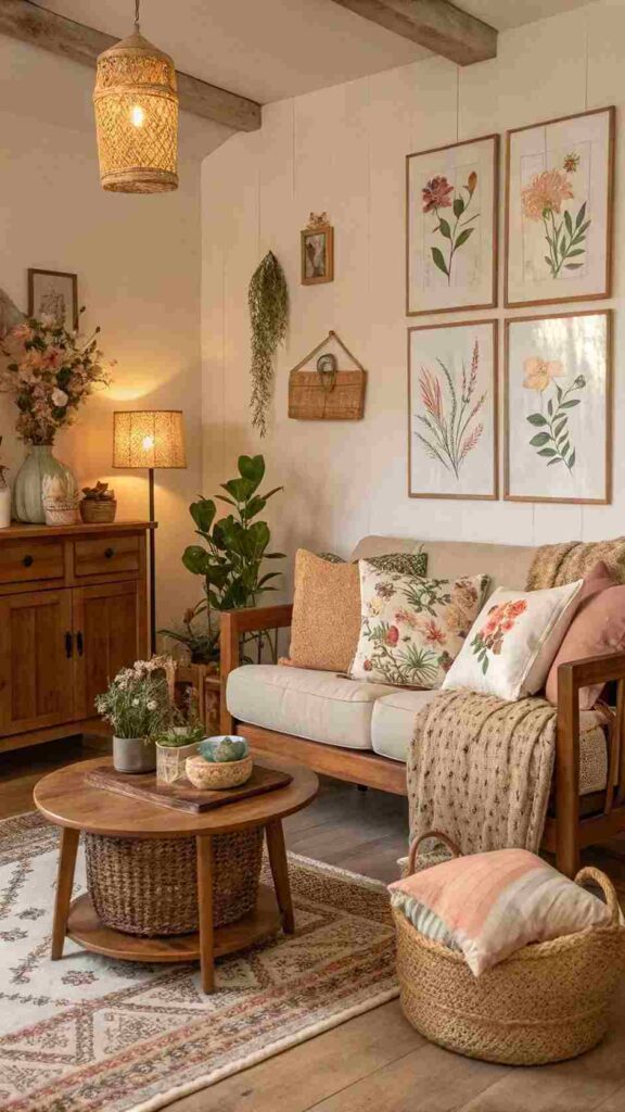 A living room with woven baskets and wooden floor