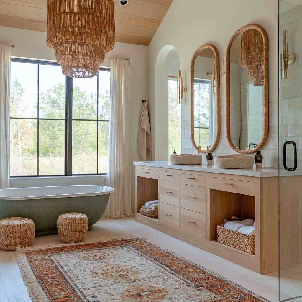 A bathroom with woven rattan accents and mirror on the wall and window 