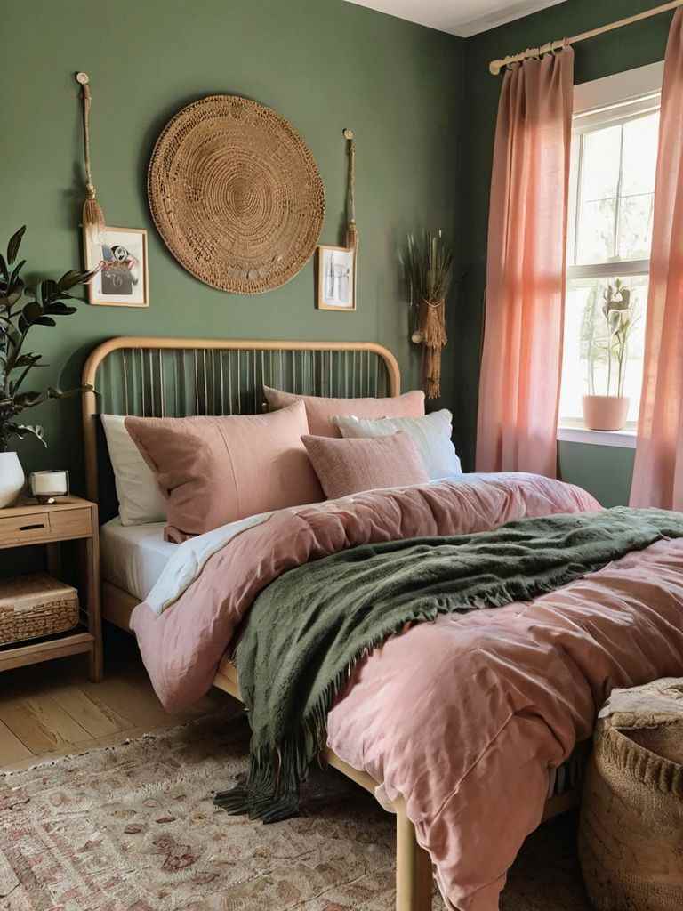 A pink and green bedroom with woven elements and floor and rug on it