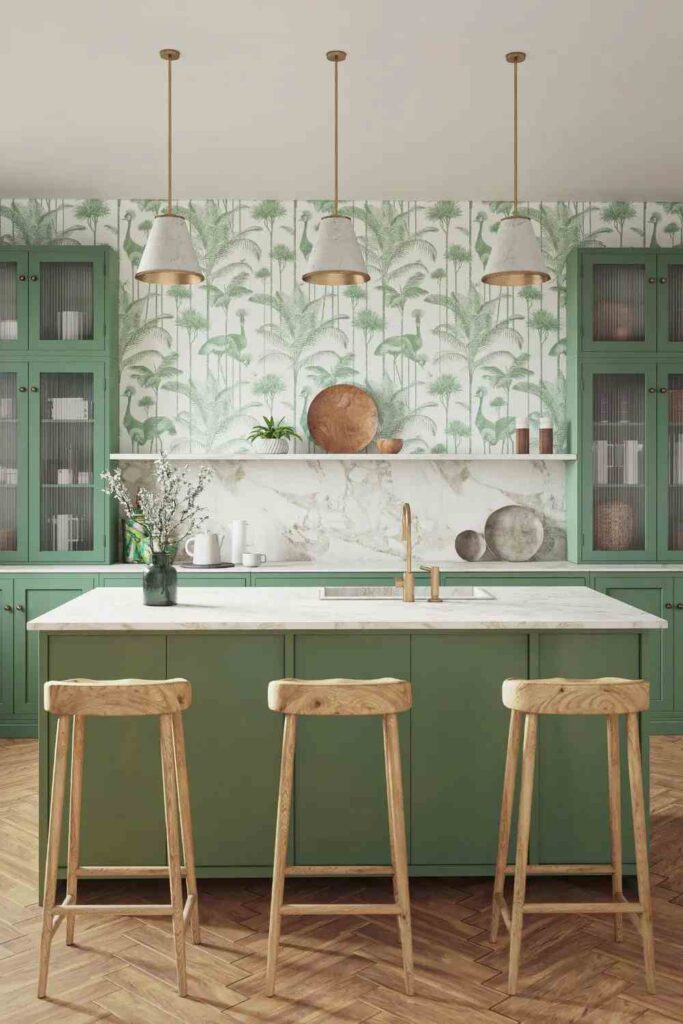 A sage green with copper accents and chair and green block and white countertop