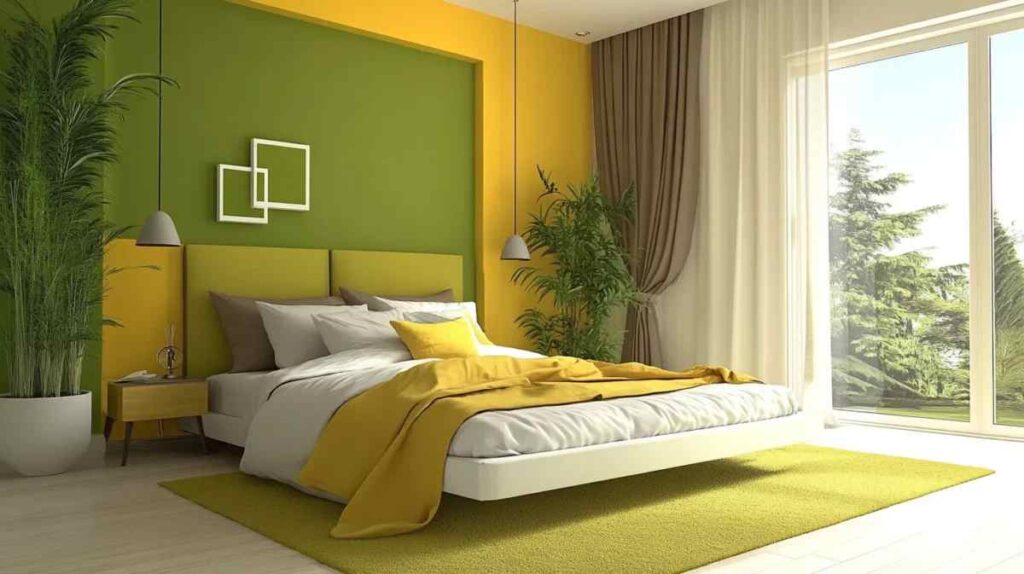 A olive green with yellow pop and green rug on the floor and white framed windows
