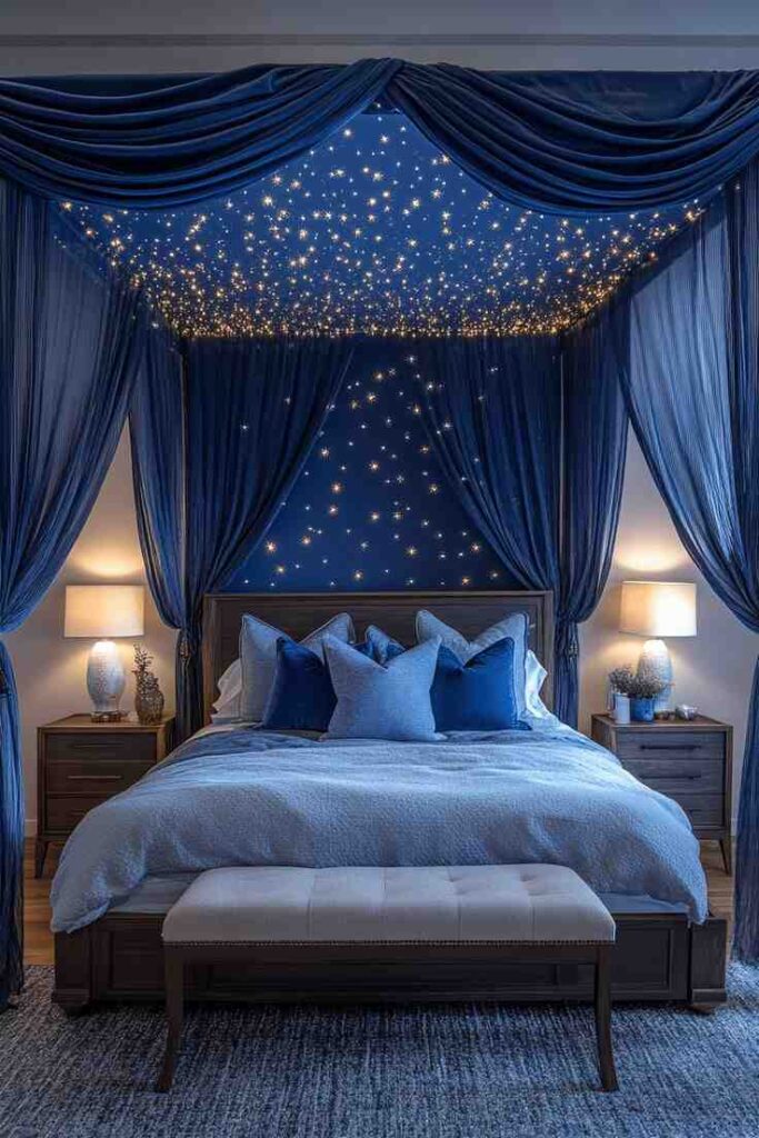 A navy blue bedroom with canopy with drapes and wooden nightstand with lamp on it
