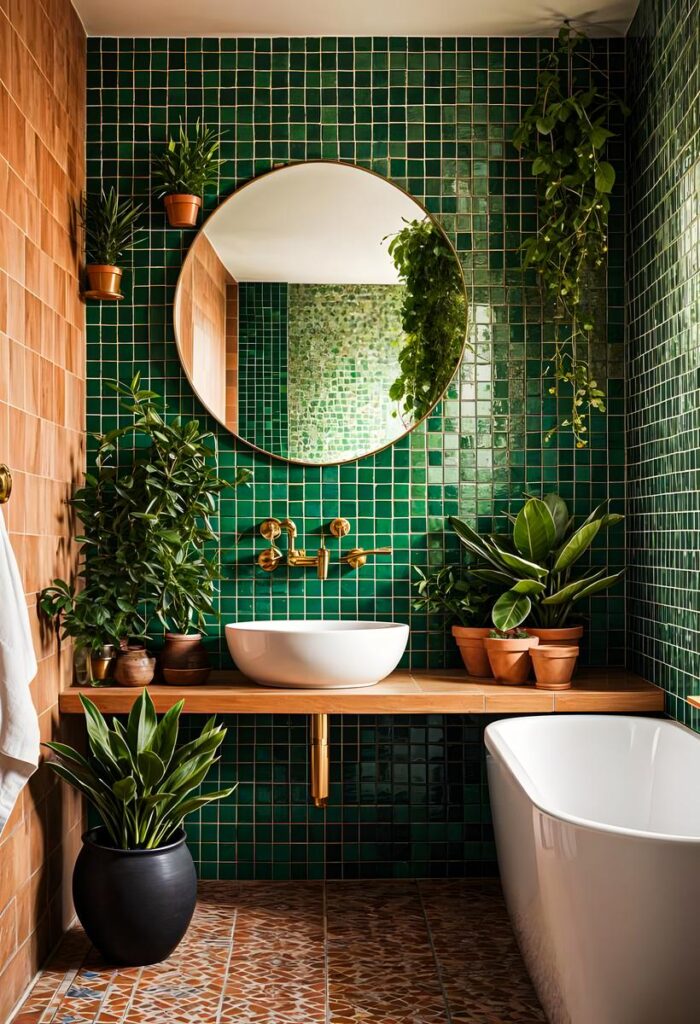 A dark green bathroom with white trim and mirror on the wall