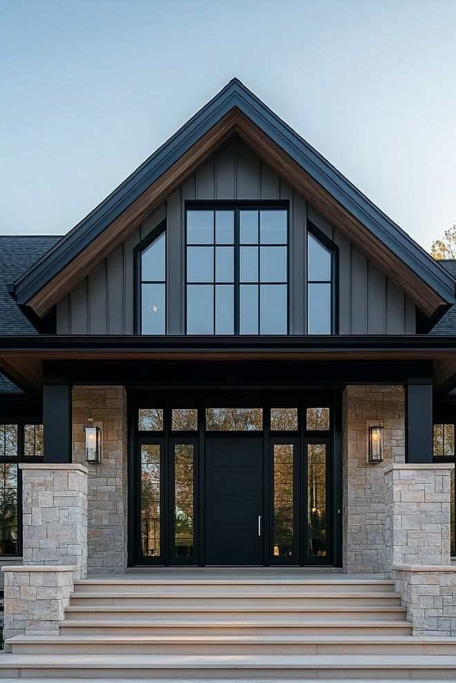 A black and grey house with black windows and black front door and lights on the wall 