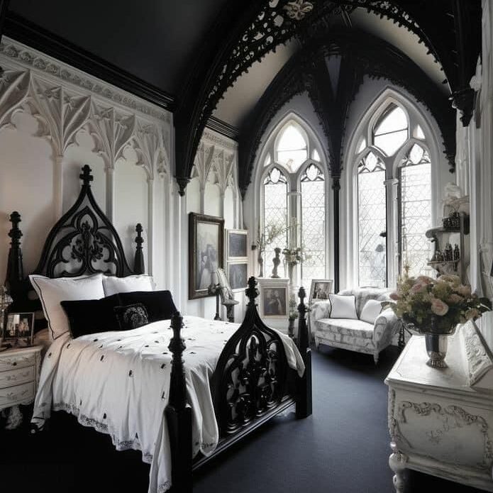 A black and white bedroom with floor and white sofa with pillows