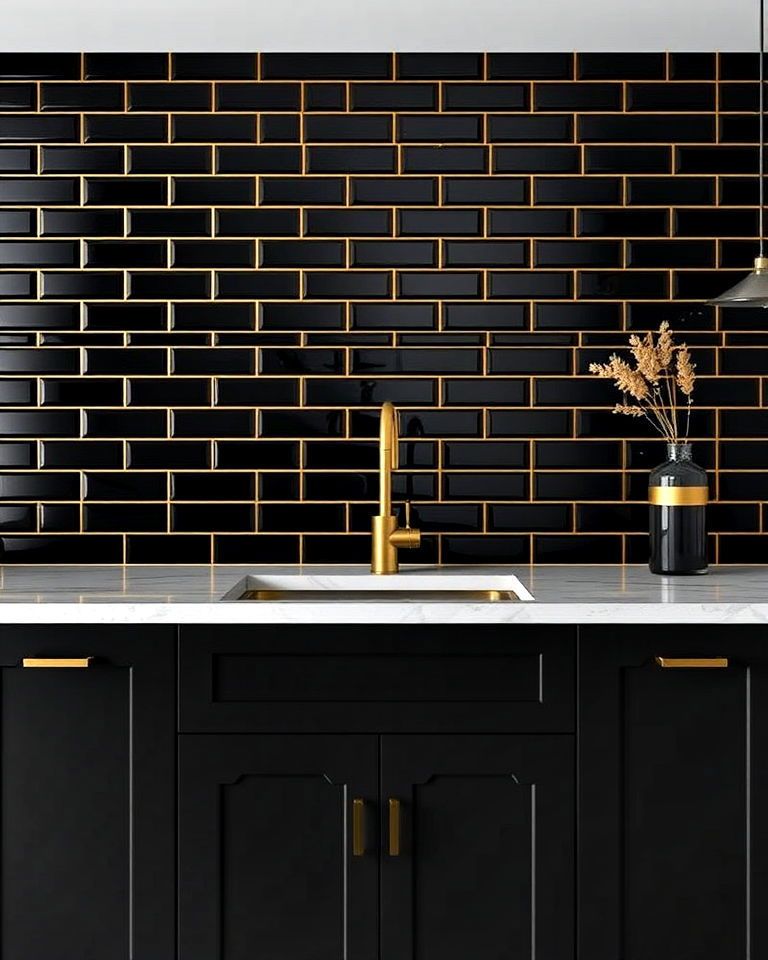 A black and gold backsplash with gold grout