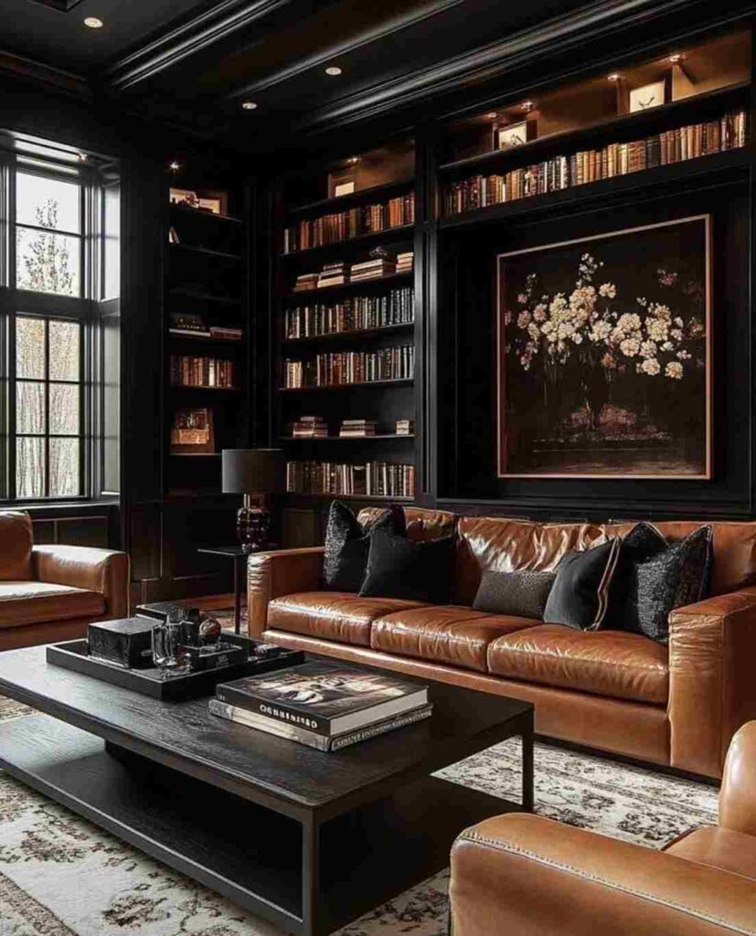 A black built-in cabinets with brown sofa and black table 