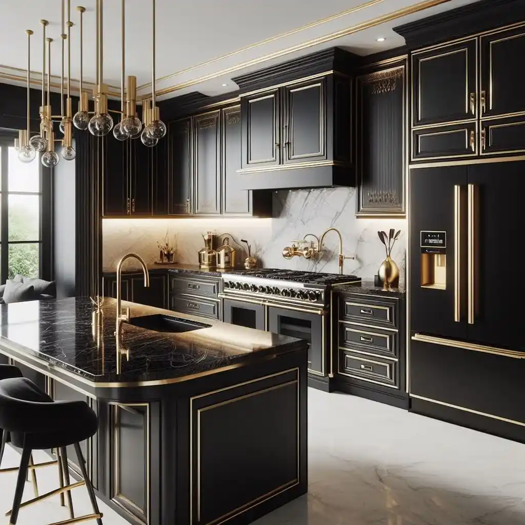 A black kitchen and black counter top on the cabinets 
