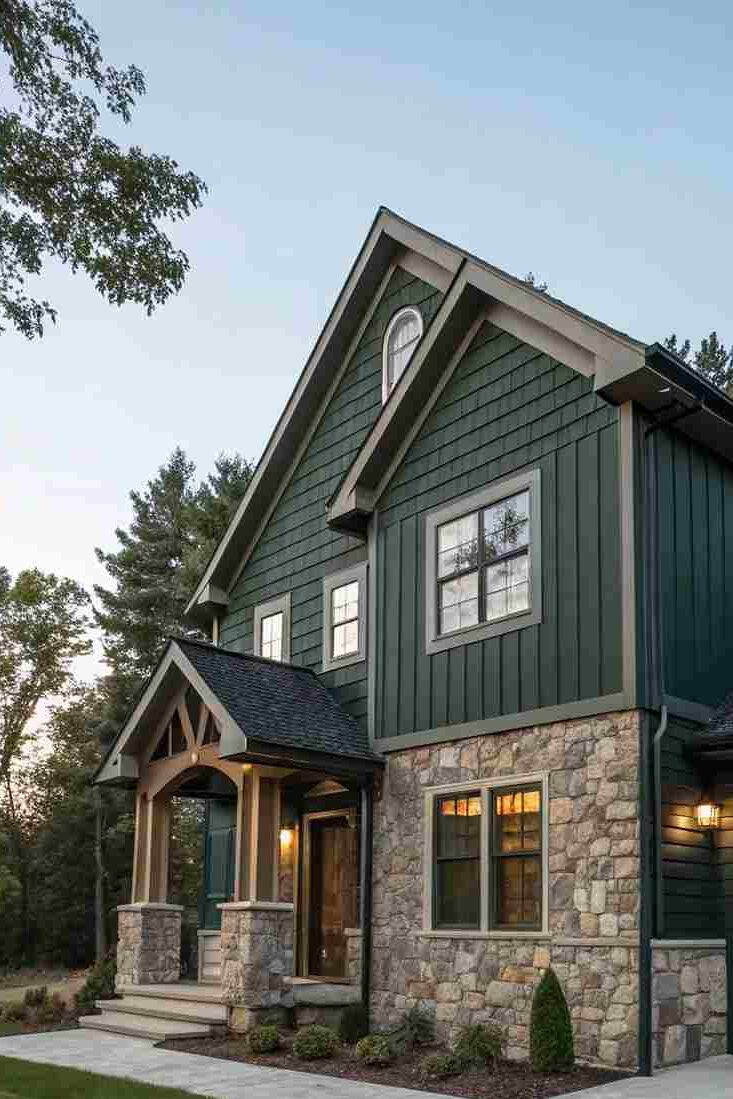 A green house with black fascia and stone base and lights in the house 