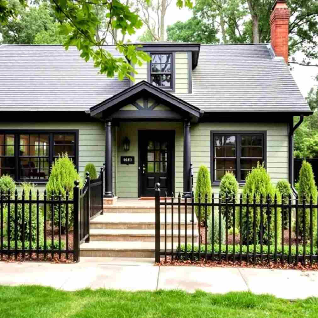 A sage green house with black trim and black fencing around the house 