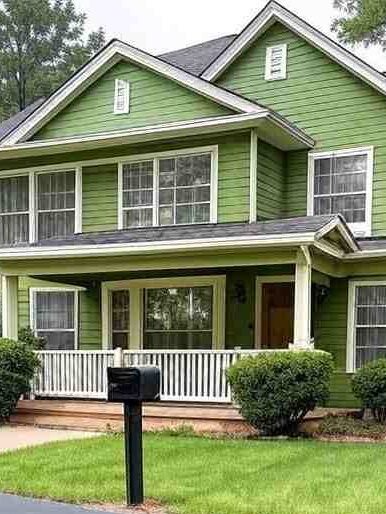 A sage green house with  white trim and windows and  black mailbox 