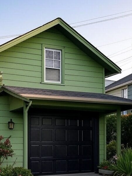 A green house with black garage door and lights on the wall 