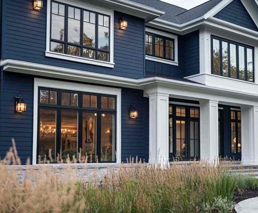 A blue house with black lights on the wall  black glass door and windows 