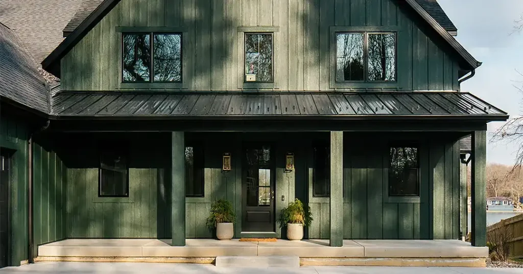 A sage green house with patio roof and windows and glass windows 