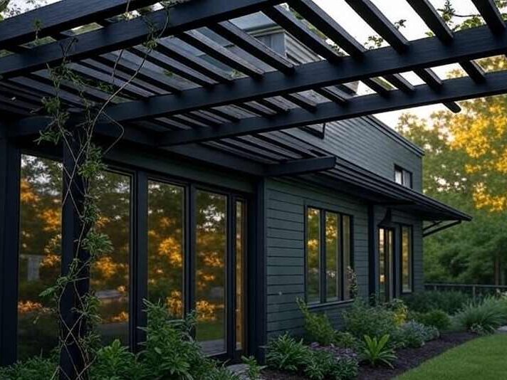 A green house with black pergola and glass windows 