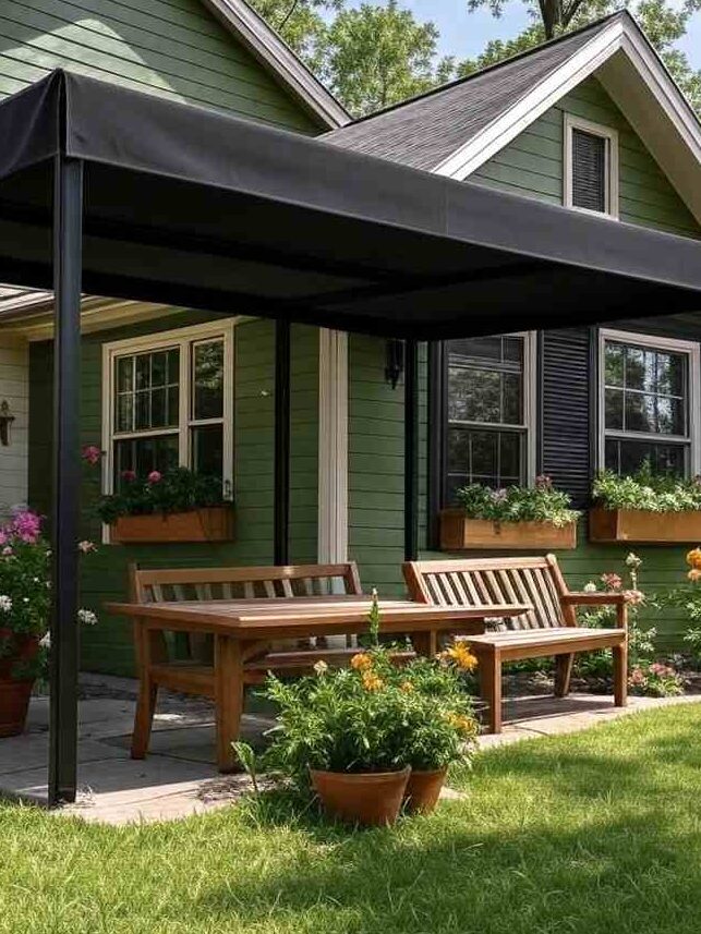 A green house with black pergola and wooden table and chair outside of the house 
