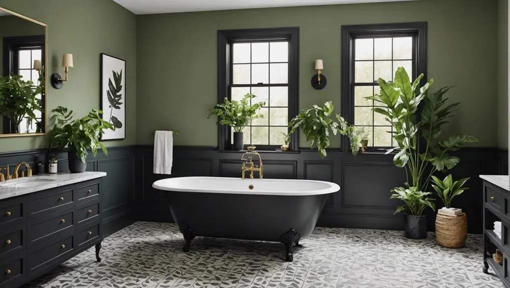 A sage green bathroom with black bathtub and windows 