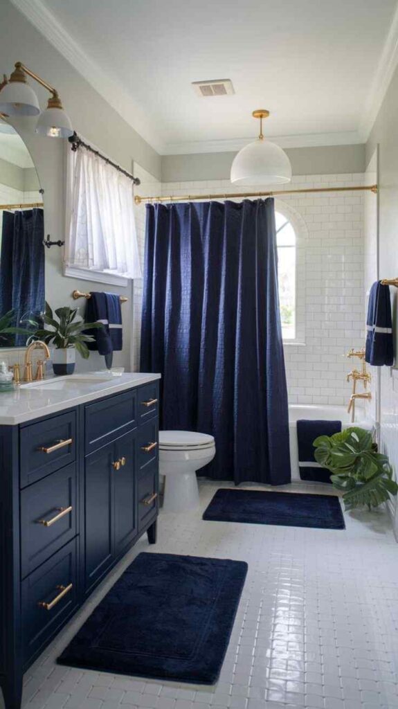 A blue mat and towel and white floor and blue shower curtains  