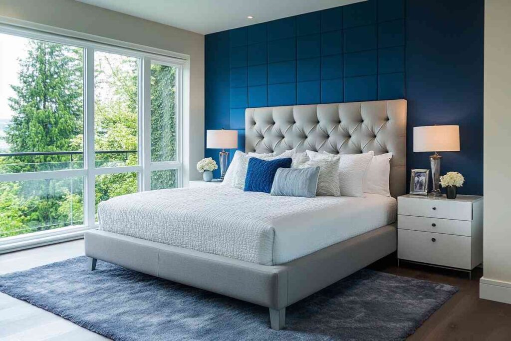 A navy bedroom with grey bed and wall and wooden floor and rug on it
