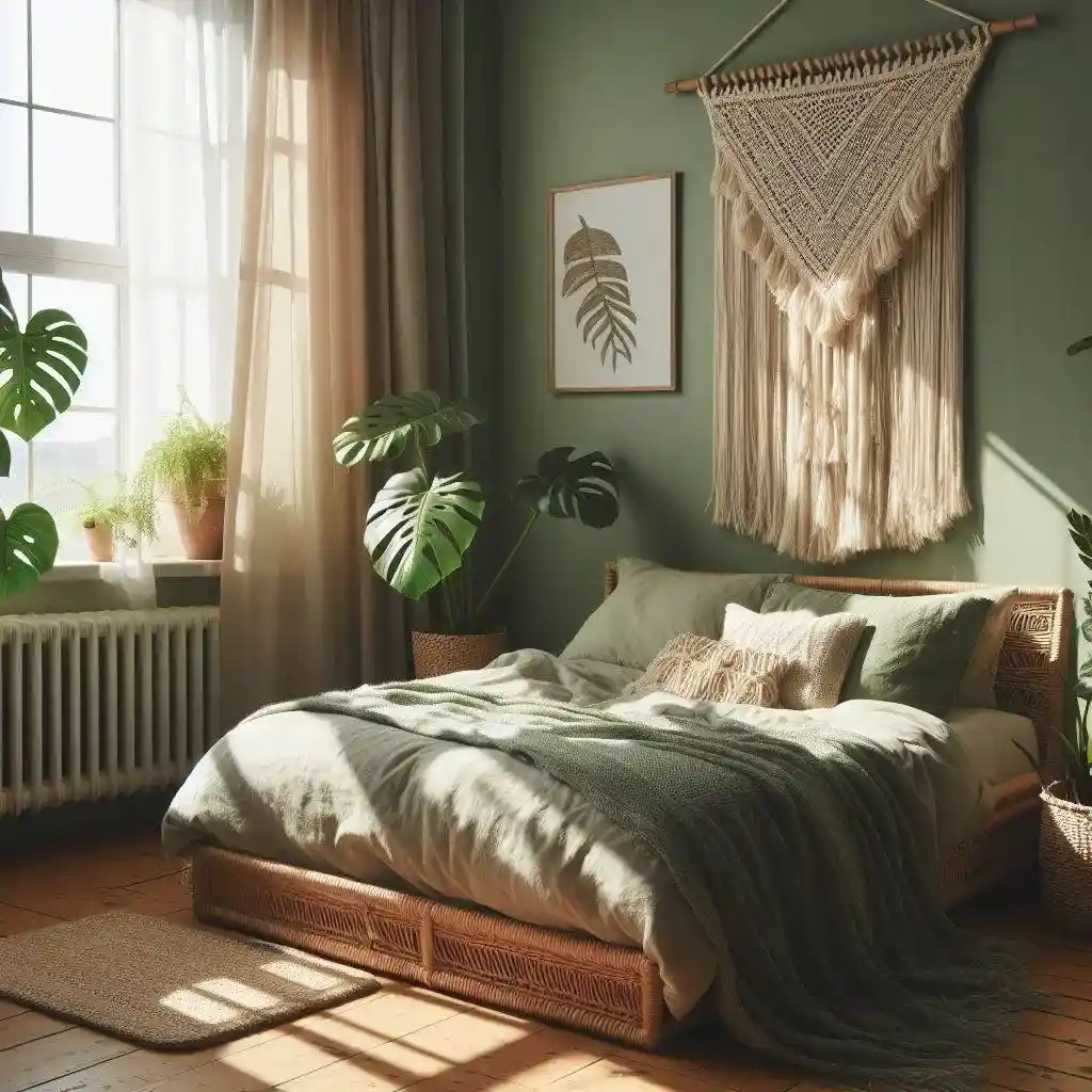 A sage green house with plants and windows and curtains 