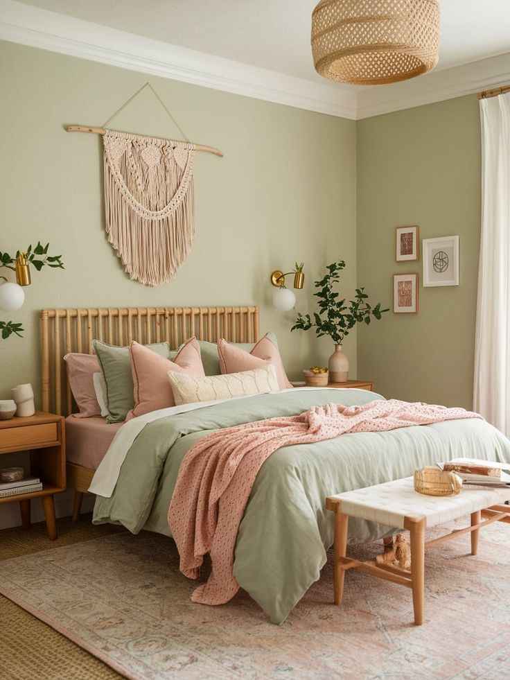 A boho sage green bedroom with pink accents and frames on the wall