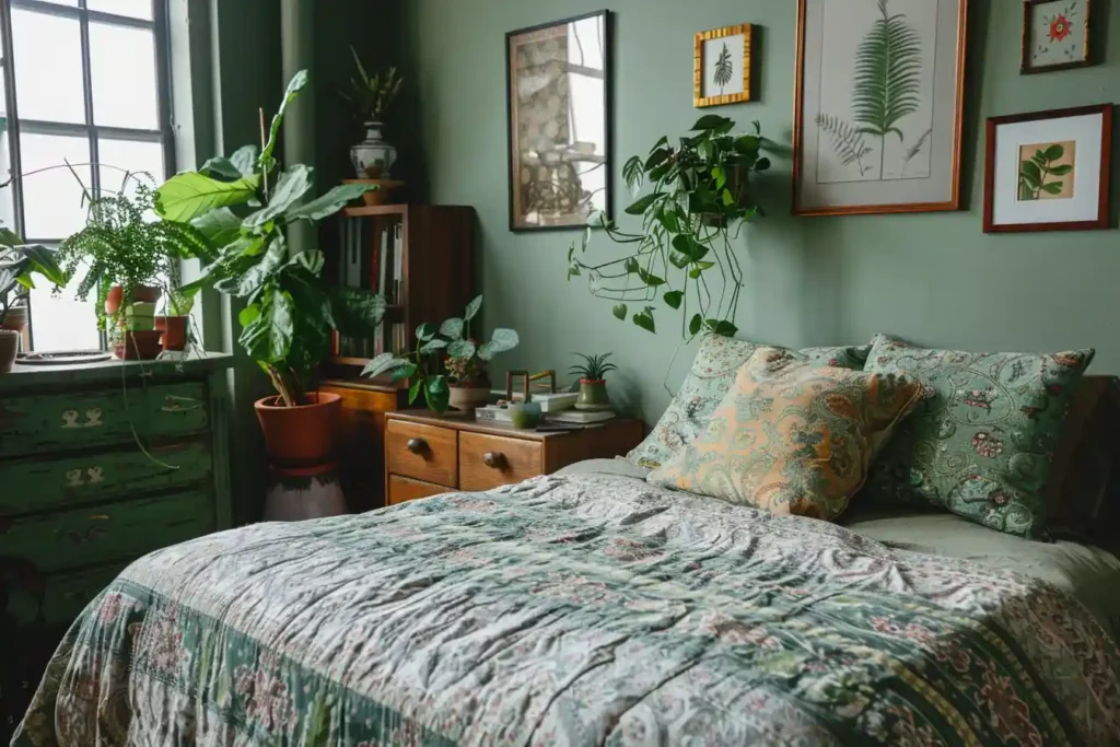A sage green bedroom with plants and windows and frames on the wall