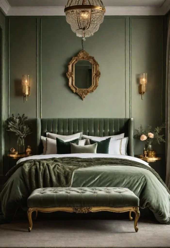 A sage green bedroom with brass fixture and mirror on the wall 