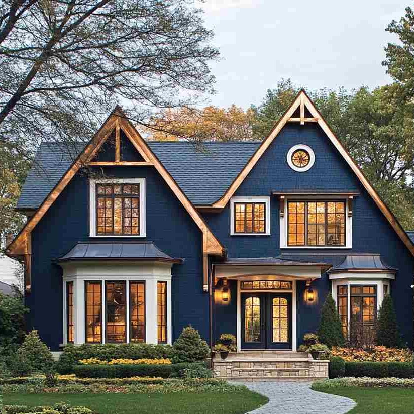 A blue house with windows and door and brass fixtures on the wall