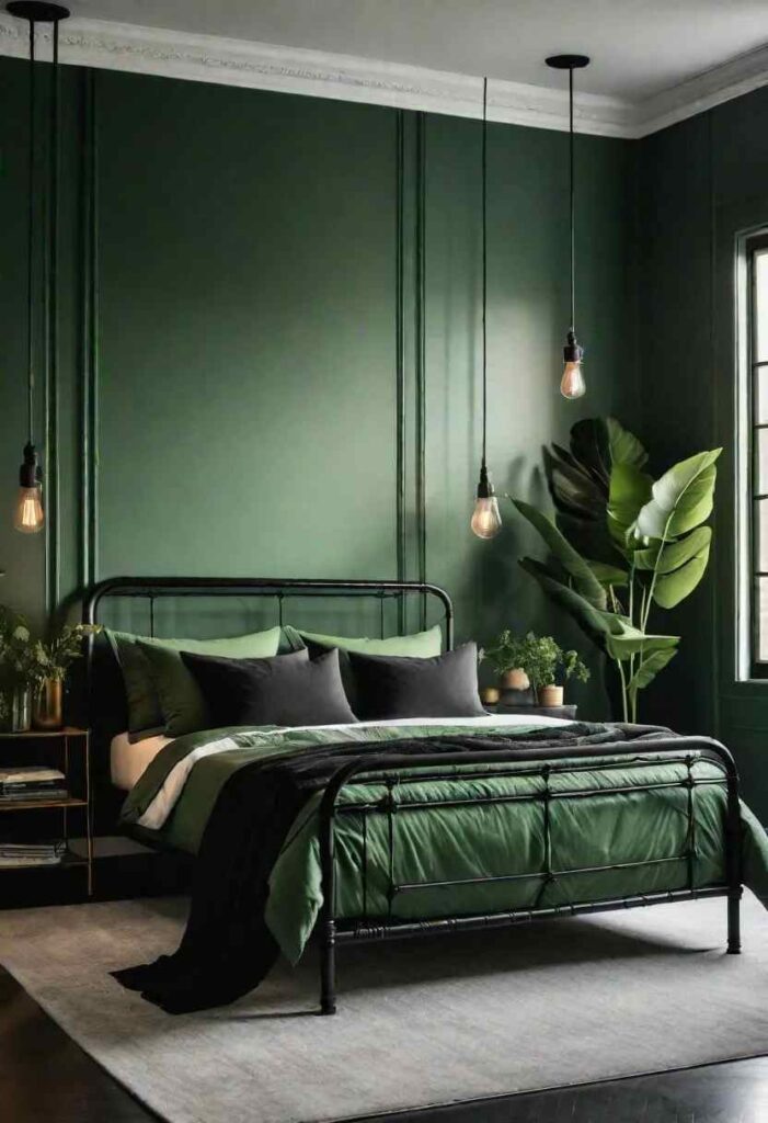 A iron frame bed in green bedroom with fixtures 