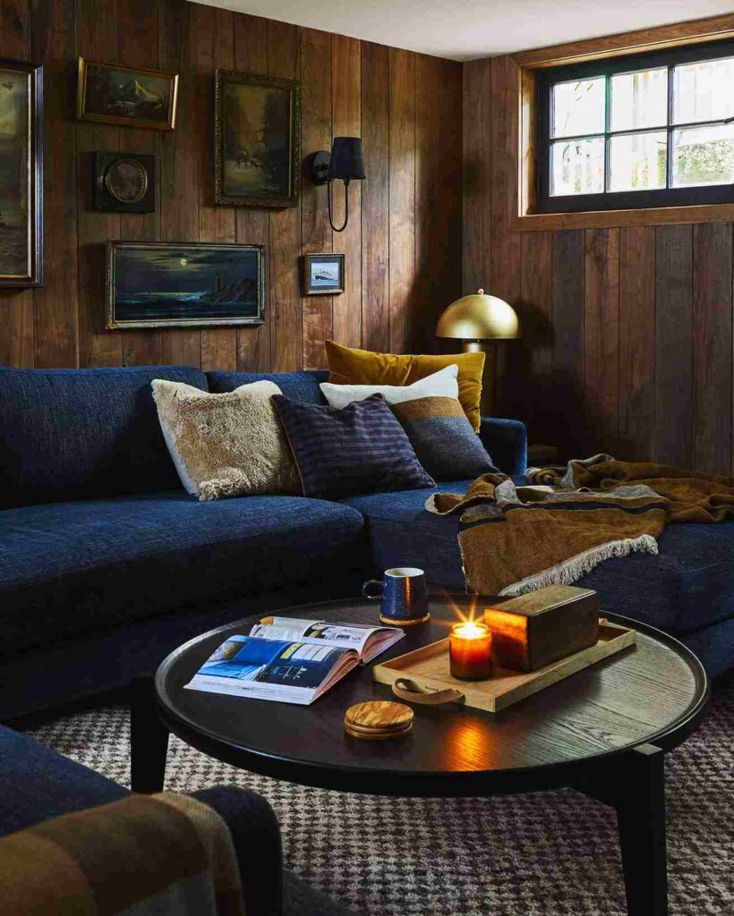 A brown living room with blue sofa and table 