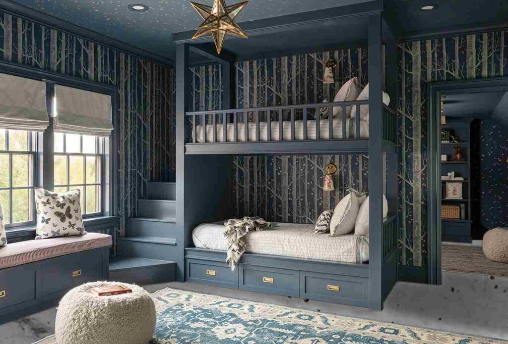 A bunk bed with stairs and bed an pillow with cushion 