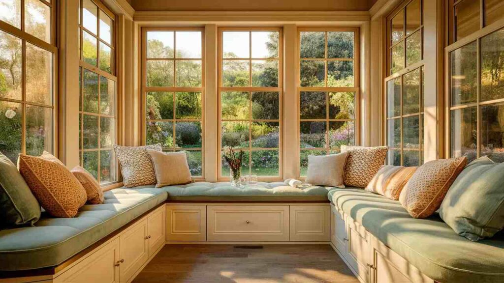 A sunroom with built-in seating with pillows and wooden floor 