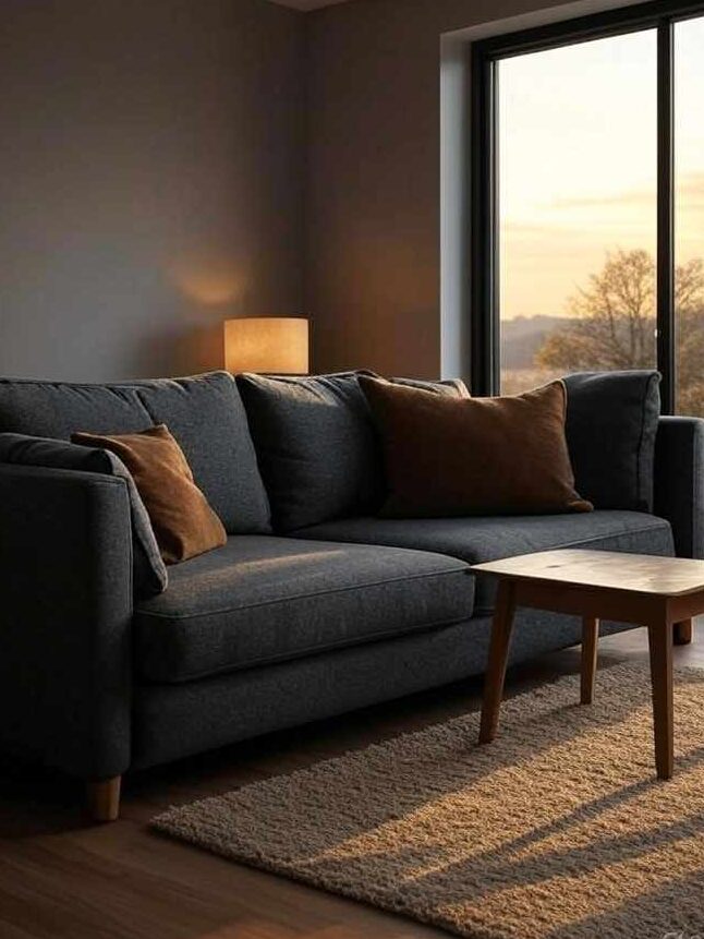 A living room with sofa and brown cushion on it and rug on the wooden floor