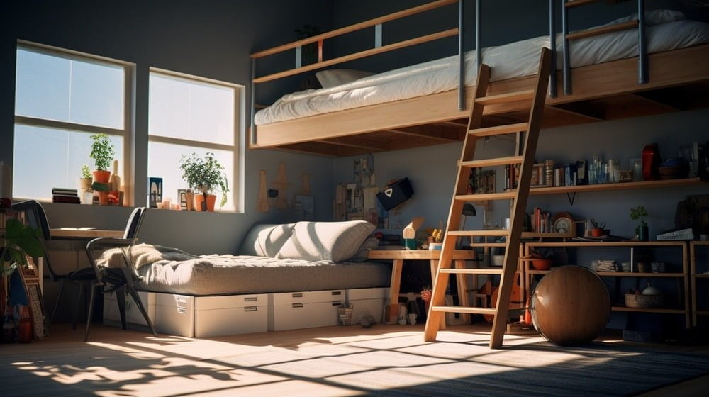 A wooden loft bed with balcony and wooden floor and windows 