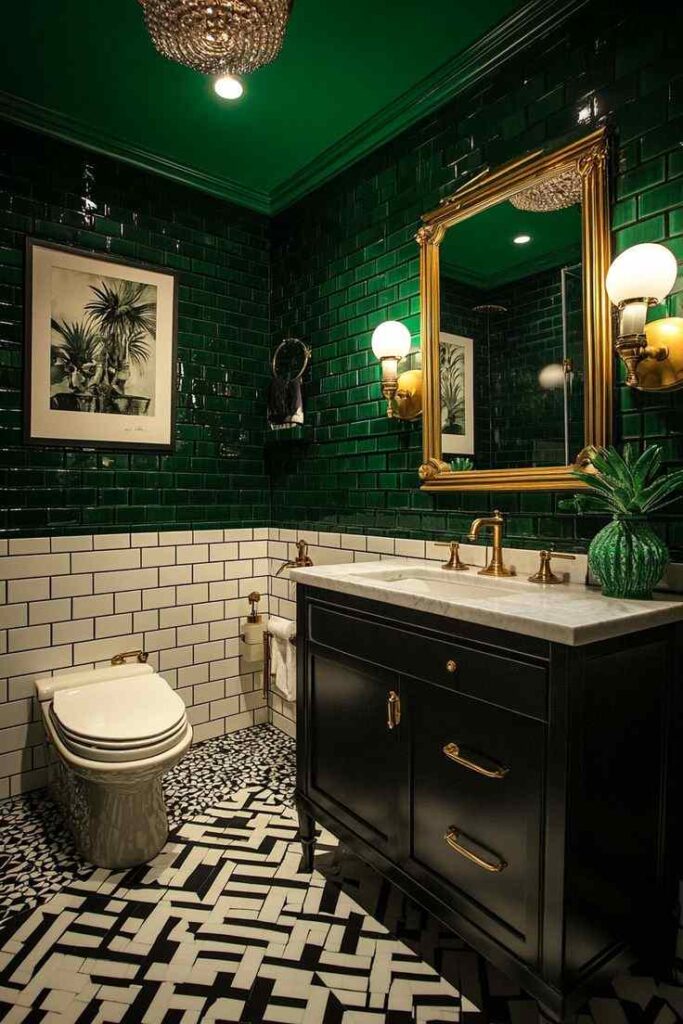 A bathroom with black and white flooring and black vanity with gold mirror on the wall