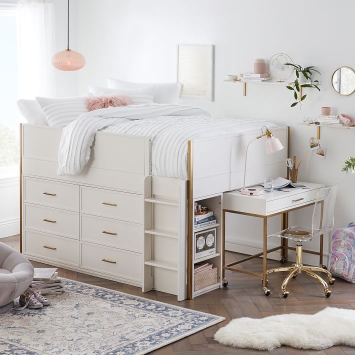 A loft bed with drawer and study table and wooden floor