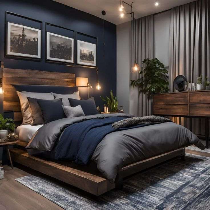A navy blue bedroom with wooden frame bed and lights above the wall